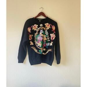 Vintage silk blend black sweater with extravagant floral sequin front medium